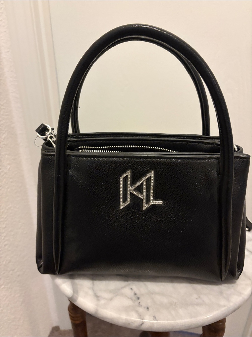 Karl Lagerfeld Black Leather Satchel with Silver KL Emblem